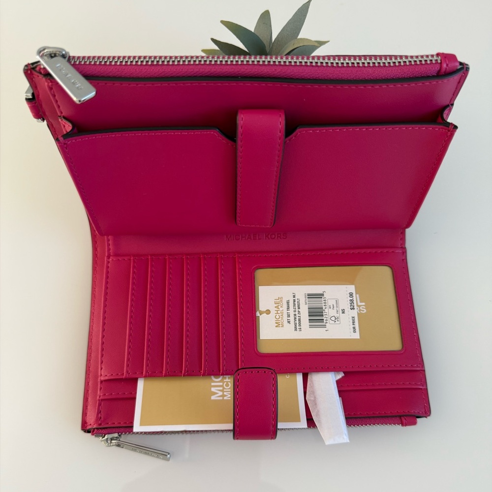 Michael Kors Jet Set Double Zip Wristlet / Wallet Electric Pink Multi NWT - Picture 5 of 6